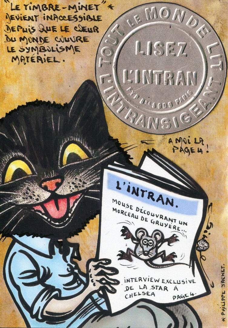 Exemple 47 de carte postale signée Jacques Lardie dit Jihel utilisant le timbre-monnaie Lisez l'Intran - Tout le monde lit l'Intransigeant - comme illustration