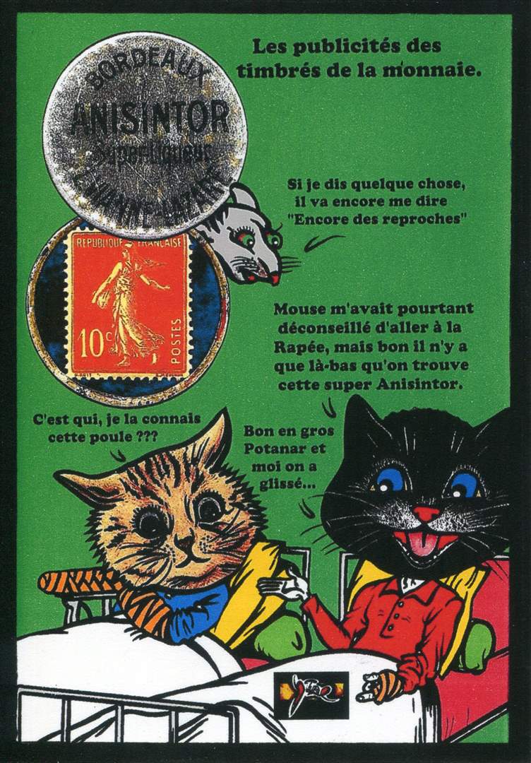 Exemple 473 de carte postale signée Jacques Lardie dit Jihel ou JL utilisant le timbre-monnaie Anisintor Super-Liqueur comme illustration