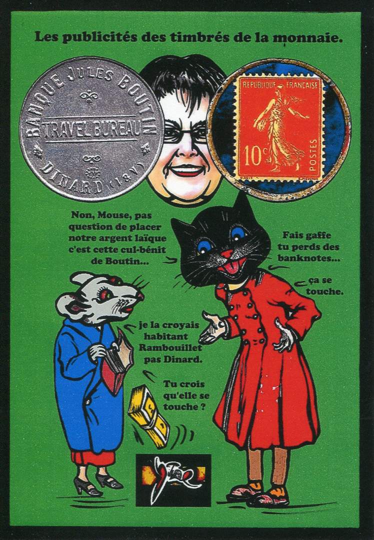 Exemple 474 de carte postale sign�e Jacques Lardie dit Jihel utilisant le timbre-monnaie Banque Jules Boutin - Travel Bureau - Dinard comme illustration