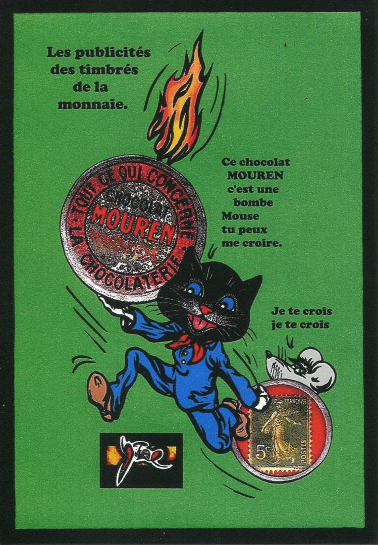 Exemple 494 de carte postale signée Jacques Lardie dit Jihel utilisant le timbre-monnaie Chocolat Mouren comme illustration