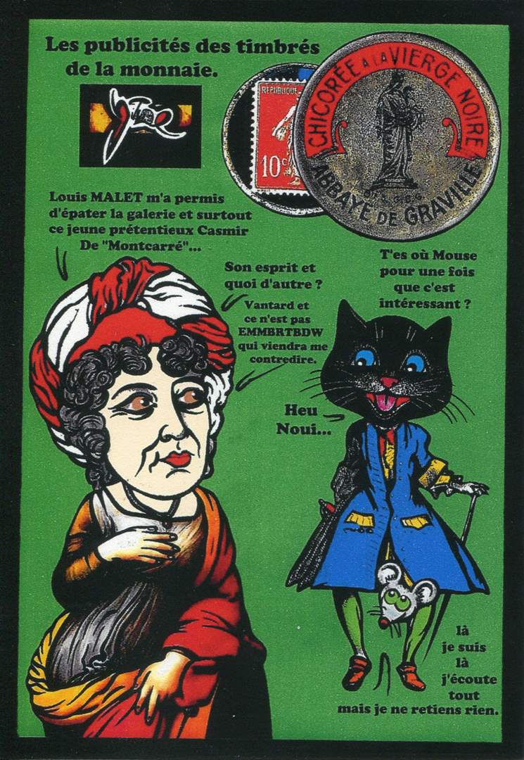 Exemple 517 de carte postale signée Jacques Lardie dit Jihel utilisant le timbre-monnaie Chicorée à la Vierge Noire comme illustration
