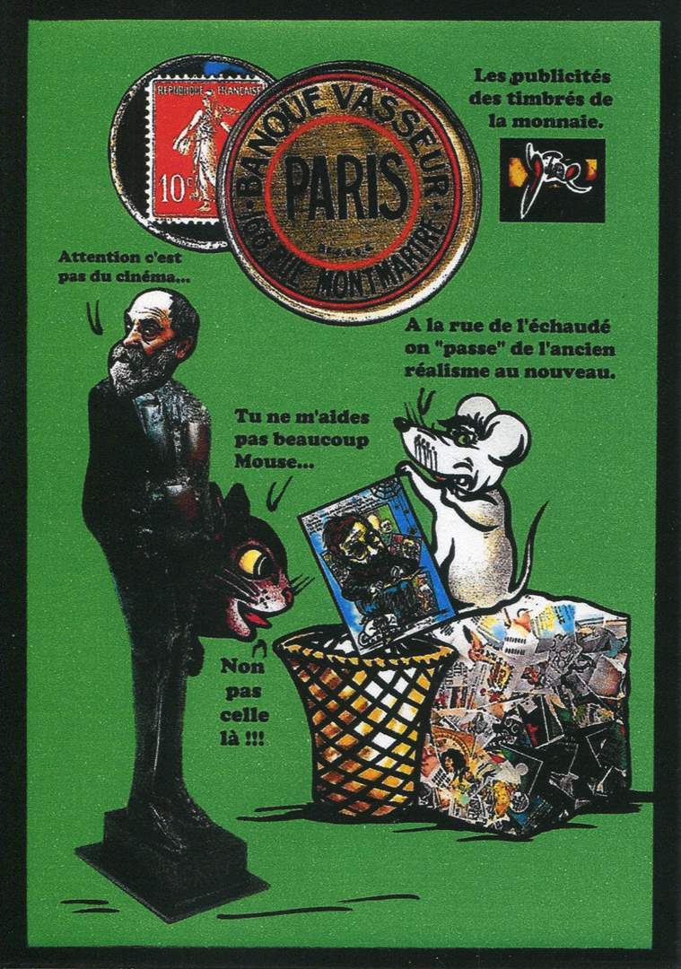 Exemple 563 de carte postale sign�e Jacques Lardie dit Jihel utilisant le timbre-monnaie Banque Vasseur - 166, Rue Montmartre - Paris comme illustration
