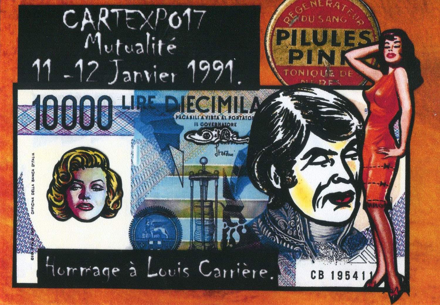 Exemple 566 de carte postale signée Jacques Lardie dit Jihel ou JL utilisant le timbre-monnaie Pilules Pink comme illustration