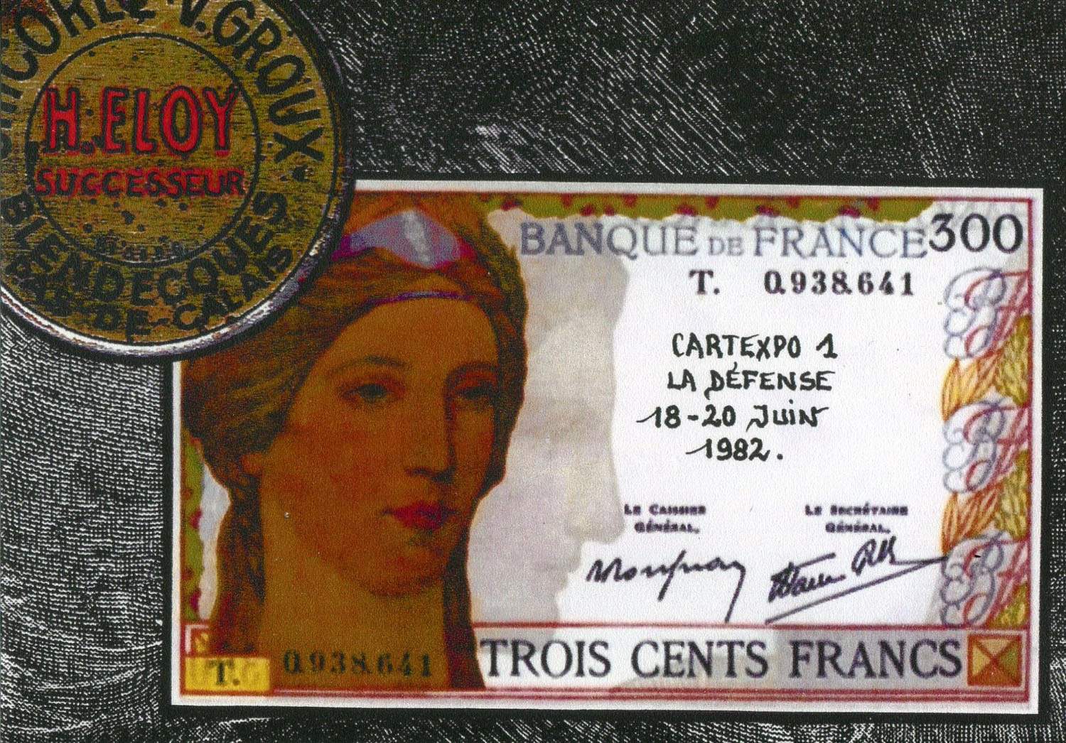 Exemple 567 de carte postale signée Jacques Lardie dit Jihel utilisant le timbre-monnaie Chicorée V.Groux comme illustration