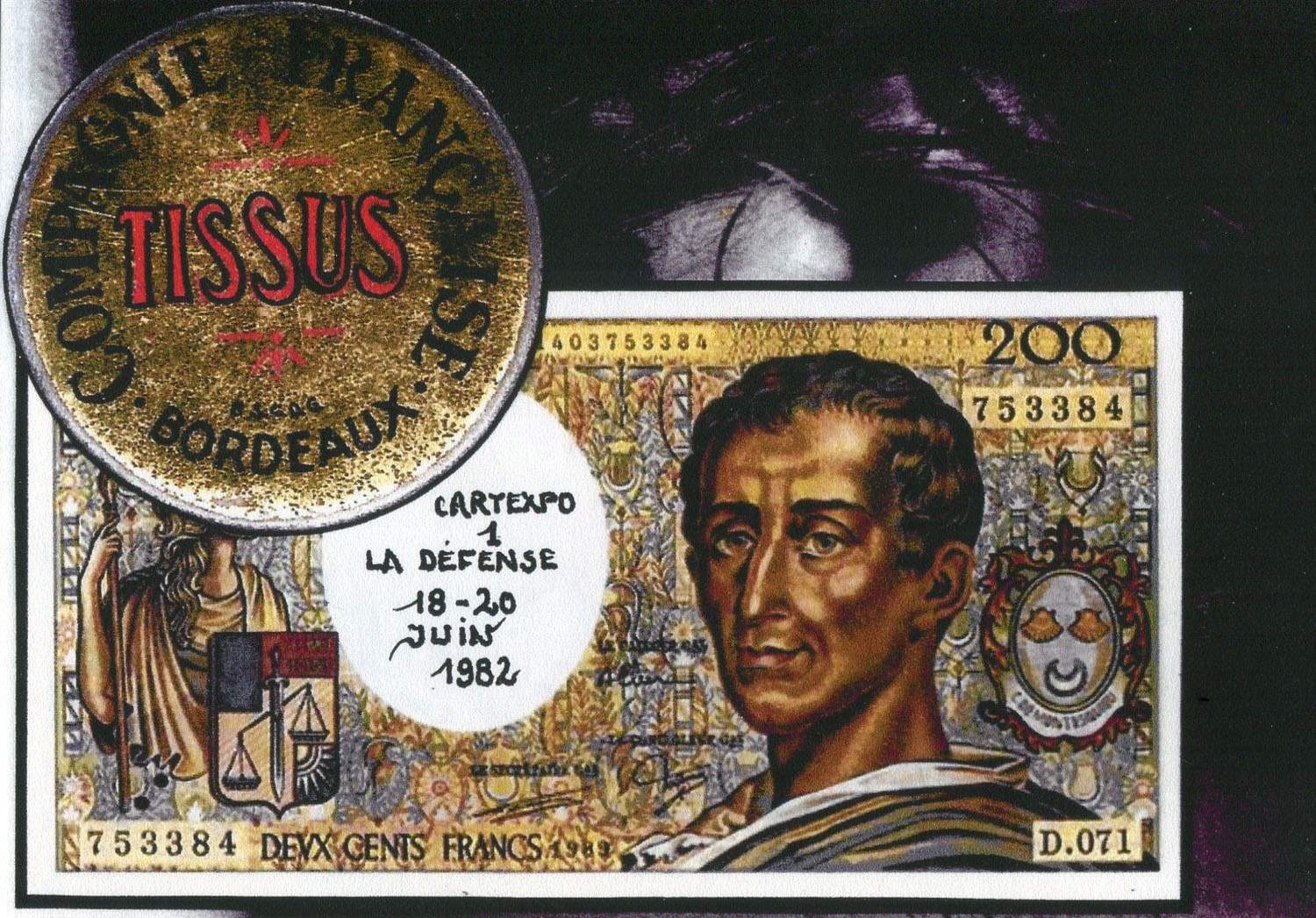 Exemple 568 de carte postale signée Jacques Lardie dit Jihel utilisant le timbre-monnaie Compagnie Française Tissus comme illustration