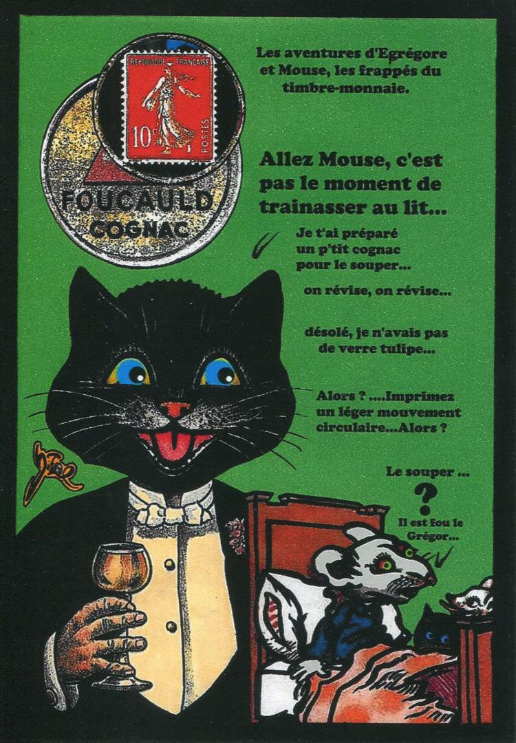 Exemple 570 de carte postale signée Jacques Lardie dit Jihel utilisant le timbre-monnaie Cognac Foucauld comme illustration
