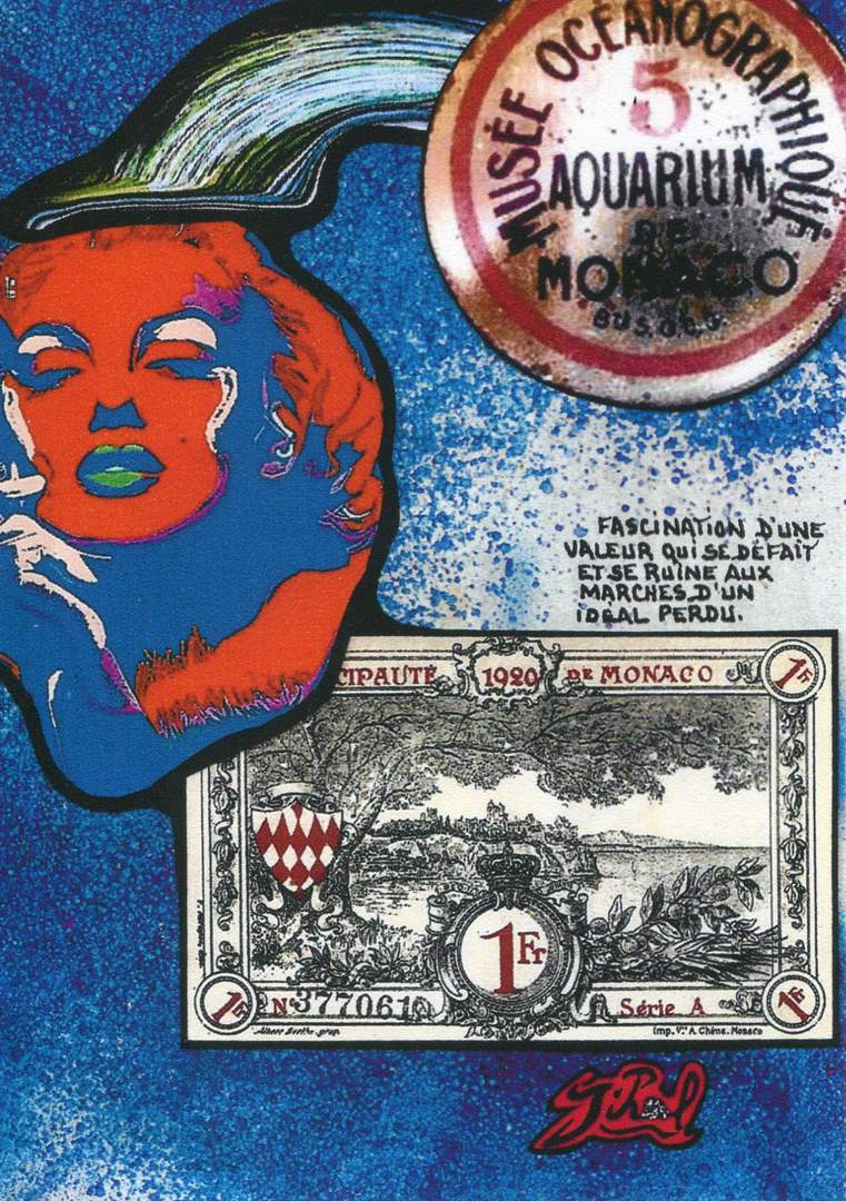 Exemple 572 de carte postale signée Jacques Lardie dit Jihel utilisant le timbre-monnaie Monaco - Musée Océanographique - Aquarium de Monaco - comme illustration