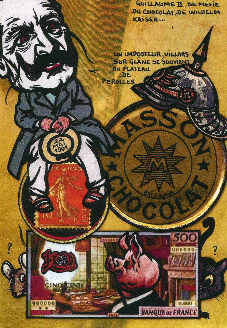 Exemple 573 de carte postale signée Jacques Lardie dit Jihel utilisant le timbre-monnaie Chocolat Masson comme illustration