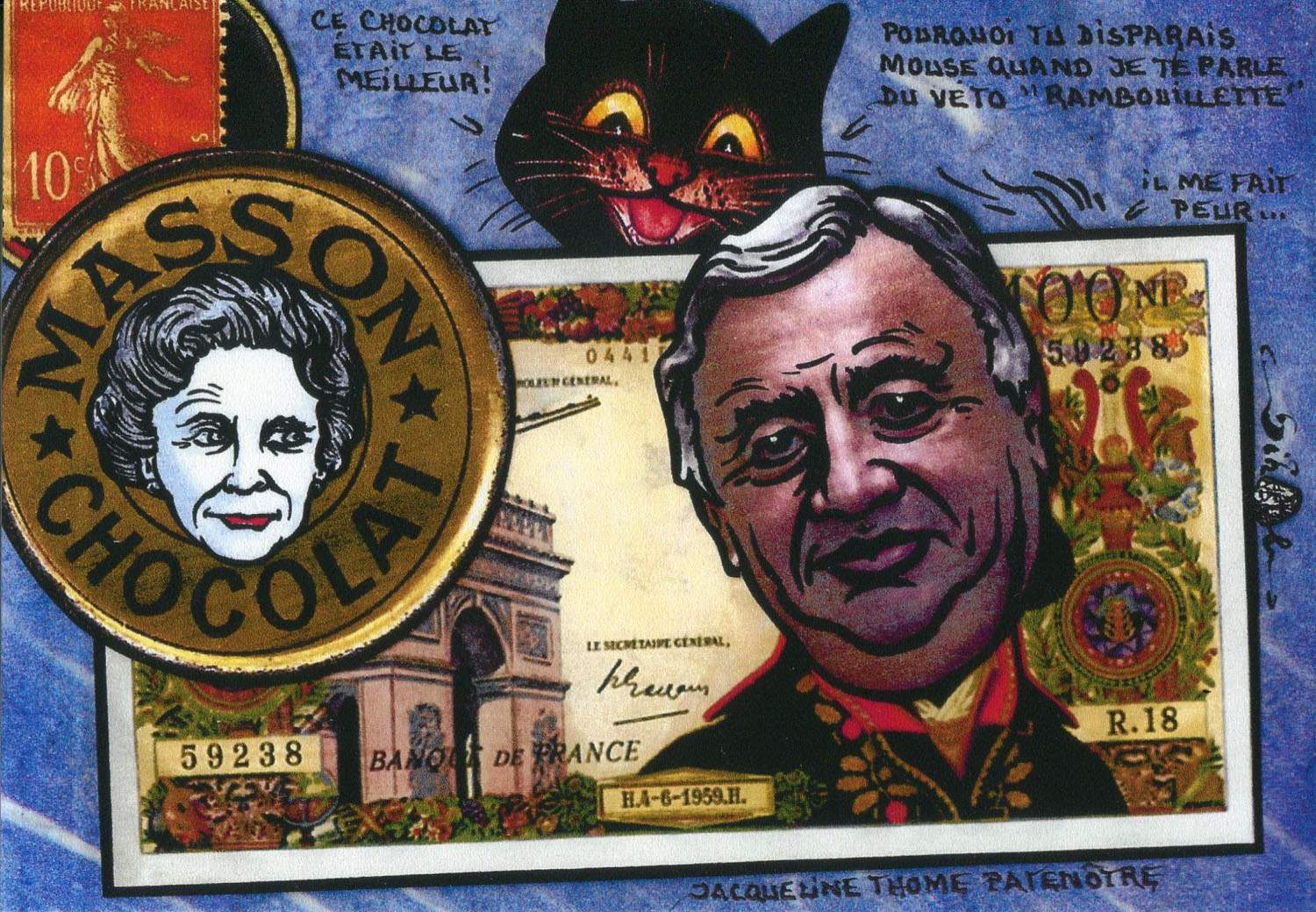 Exemple 576 de carte postale signée Jacques Lardie dit Jihel utilisant le timbre-monnaie Chocolat Masson comme illustration