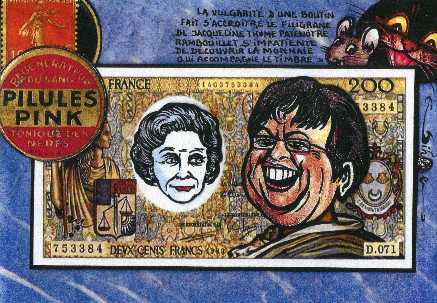 Exemple 577 de carte postale signée Jacques Lardie dit Jihel ou JL utilisant le timbre-monnaie Pilules Pink comme illustration