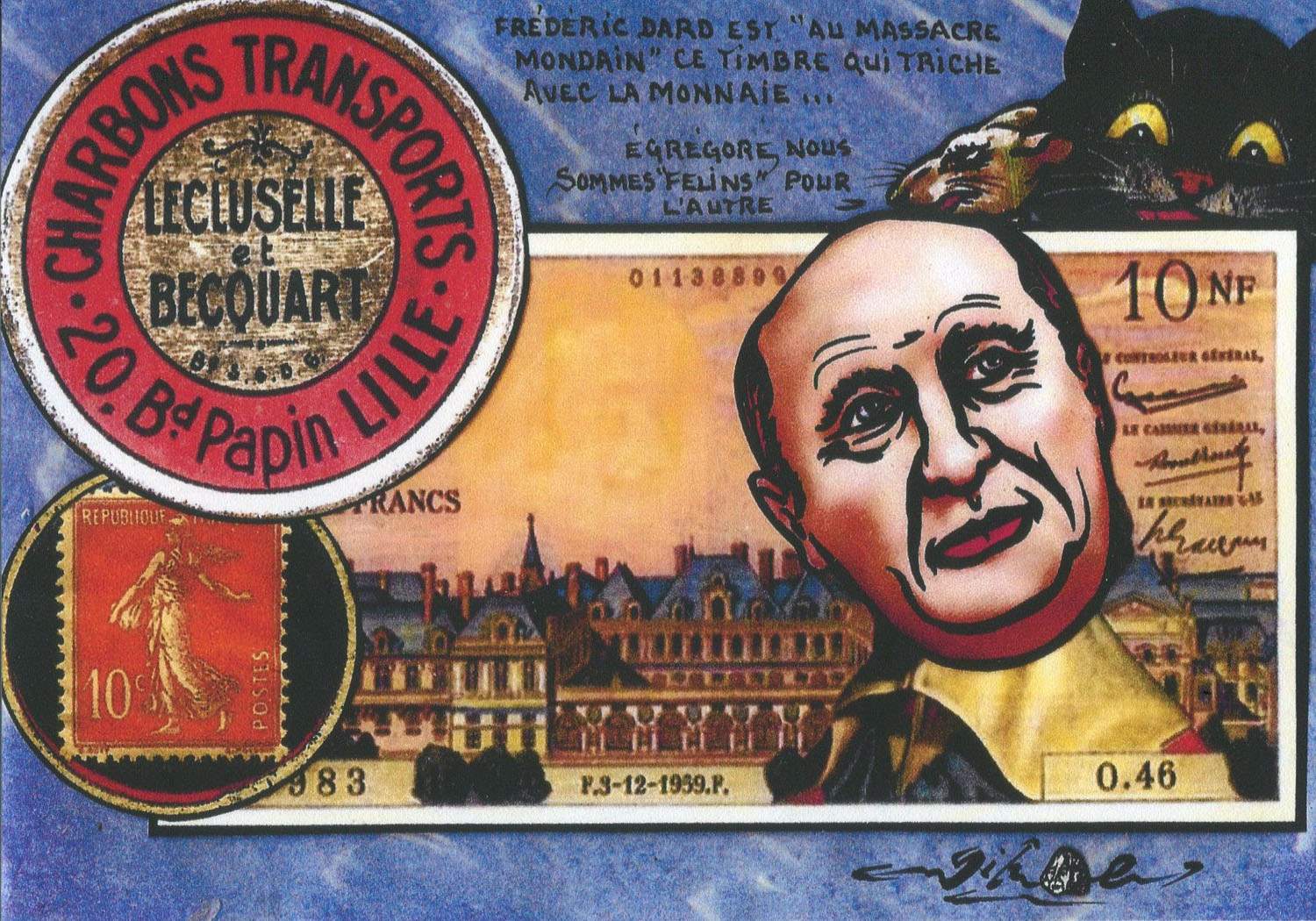 Exemple 578 de carte postale signée Jacques Lardie dit Jihel utilisant le timbre-monnaie Lecluselle et Becquart comme illustration