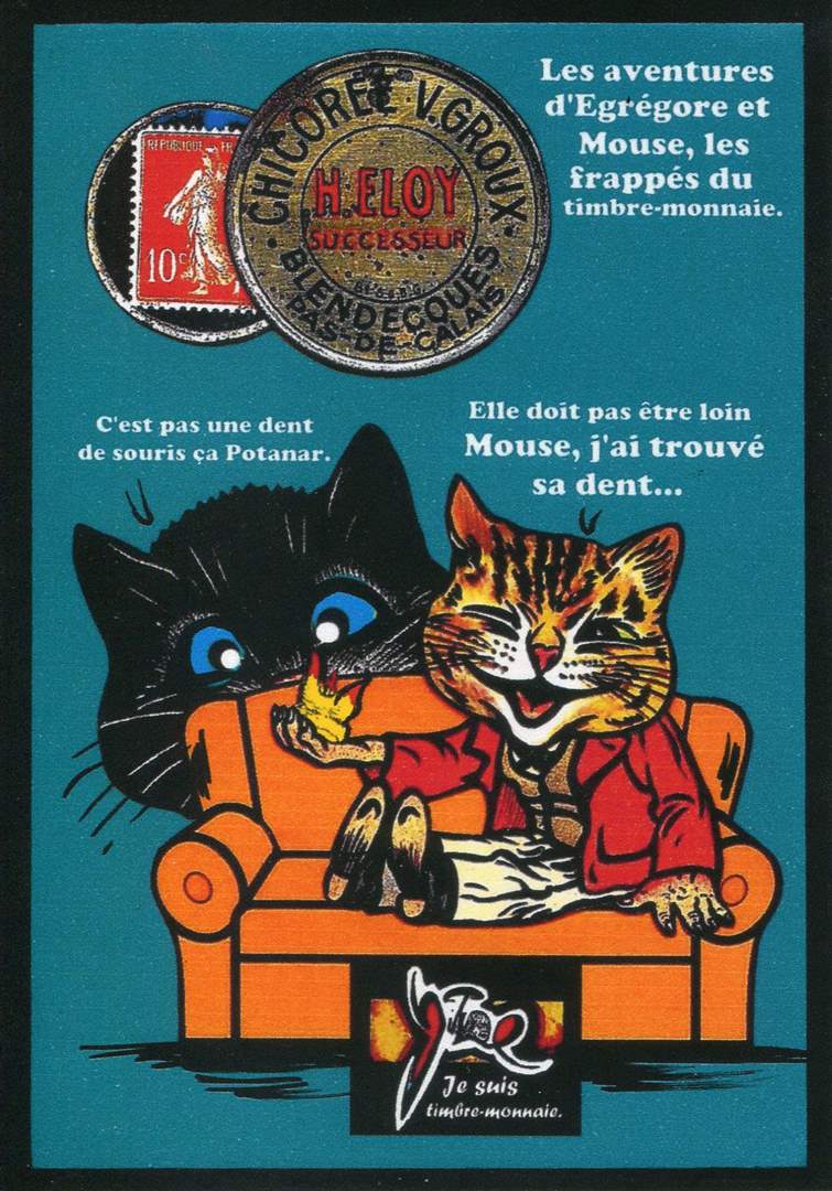 Exemple 599 de carte postale signée Jacques Lardie dit Jihel utilisant le timbre-monnaie Chicorée V.Groux comme illustration