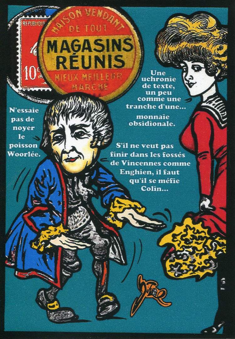 Exemple 611 de carte postale signée Jacques Lardie dit Jihel utilisant le timbre-monnaie Magasins Réunis - Maison vendant de tout - comme illustration