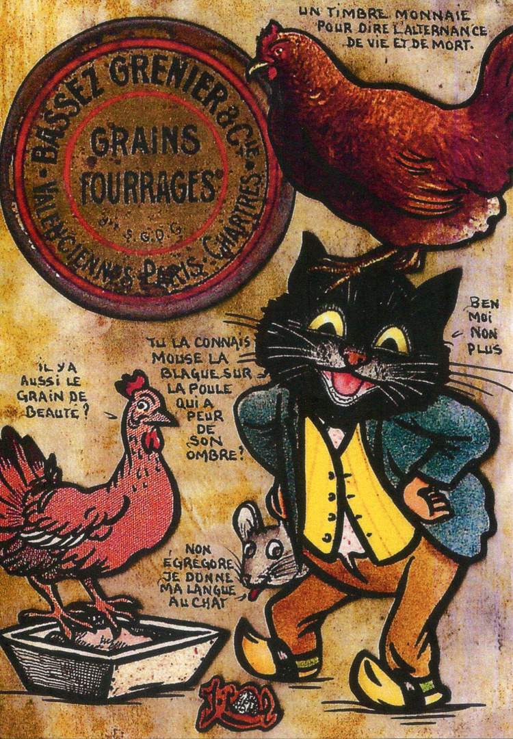 Exemple 62 de carte postale sign�e Jacques Lardie dit Jihel utilisant le timbre-monnaie Bassez Grenier & Cie  - Grains - Fourrages - Valenciennes - Paris - Chartres comme illustration