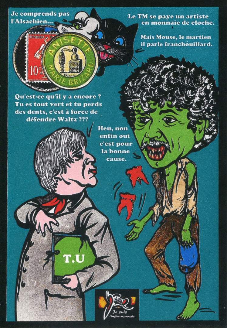 Exemple 632 de carte postale signée Jacques Lardie dit Jihel utilisant le timbre-monnaie Anisette Marie Brizard comme illustration