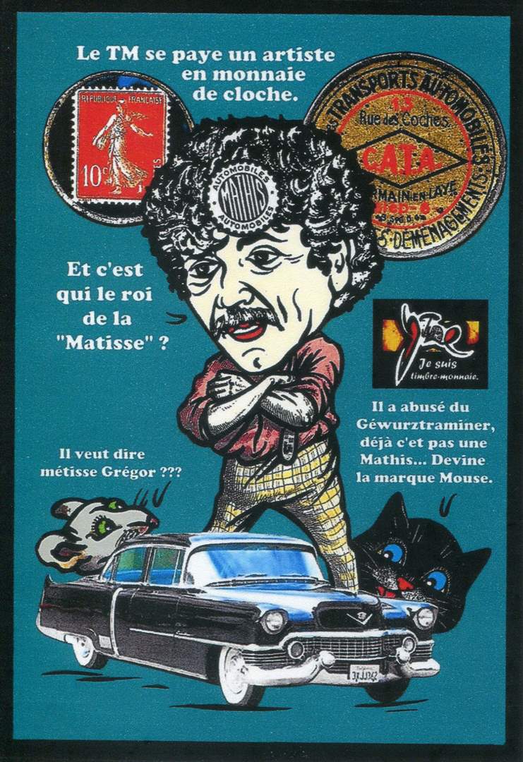 Exemple 637 de carte postale signée Jacques Lardie dit Jihel utilisant le timbre-monnaie CATA - C.A.T.A. Transports Automobiles - Messageries - Déménagements - 13, Rue des Coches - St Germain en Laye comme illustration