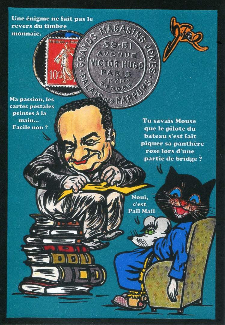 Exemple 643 de carte postale signée Jacques Lardie dit Jihel utilisant le timbre-monnaie Grands Magasins Jones comme illustration
