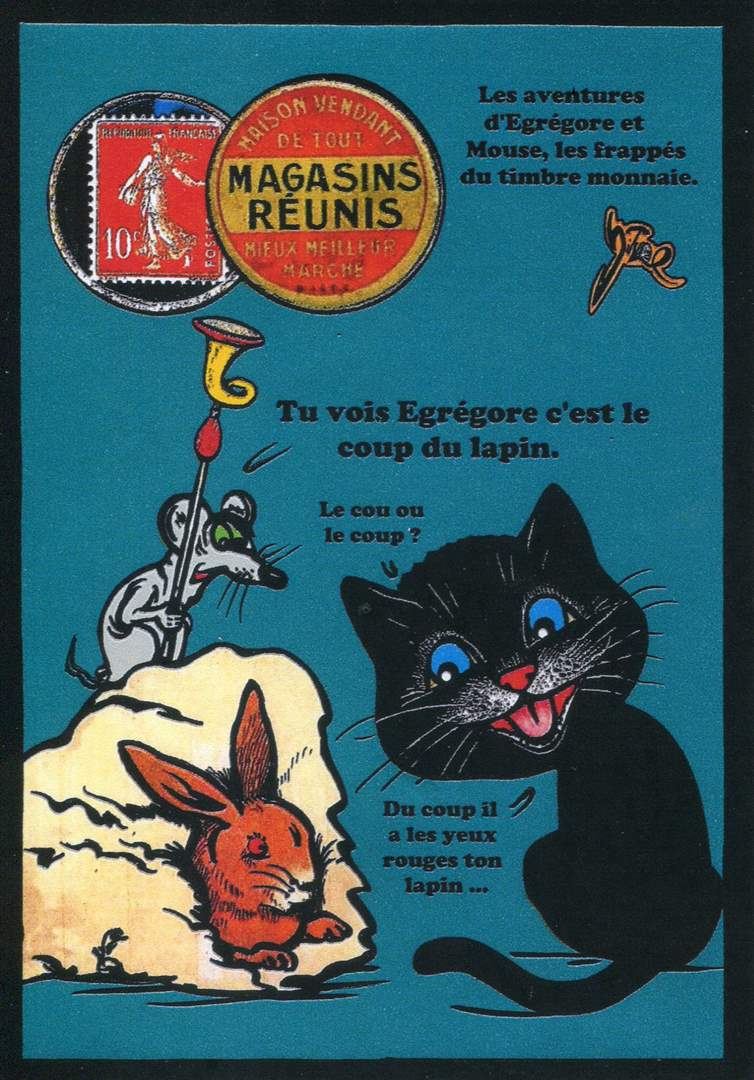 Exemple 648 de carte postale signée Jacques Lardie dit Jihel utilisant le timbre-monnaie Magasins Réunis - Maison vendant de tout - comme illustration