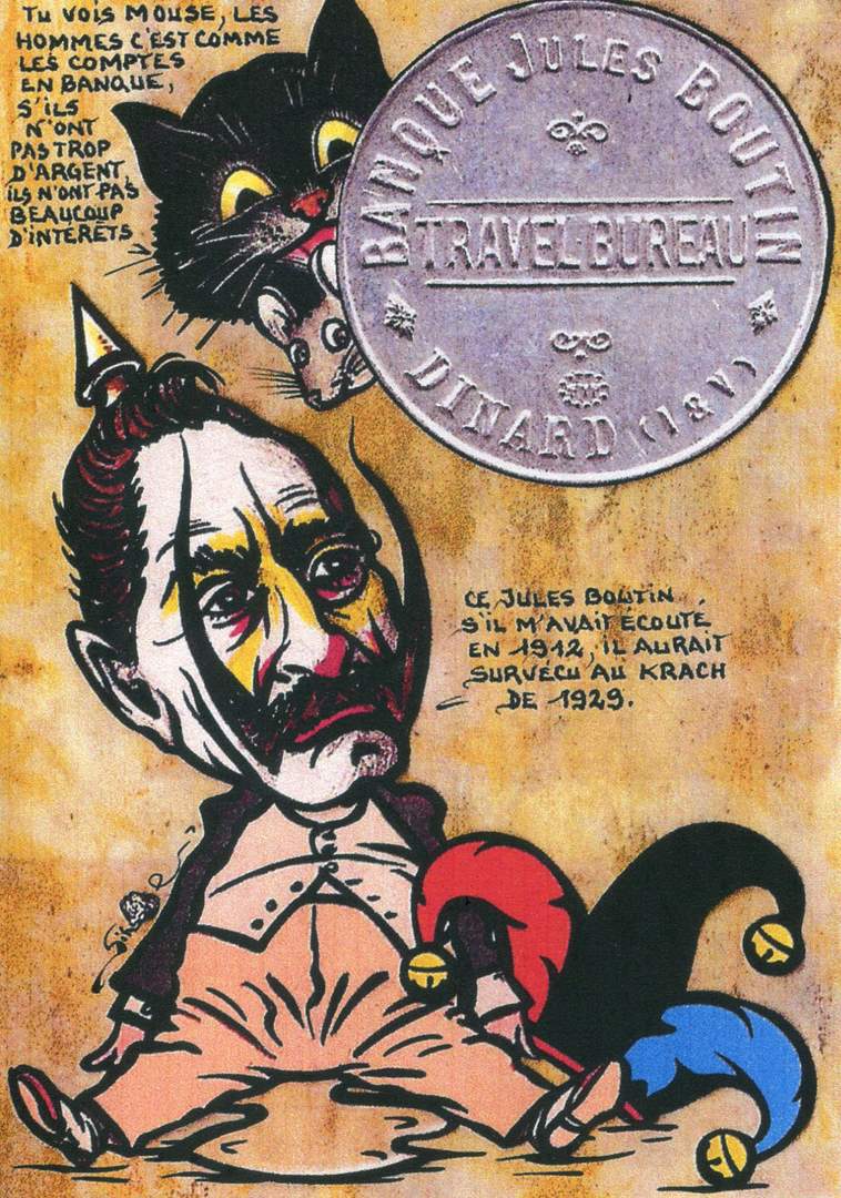 Exemple 65 de carte postale sign�e Jacques Lardie dit Jihel utilisant le timbre-monnaie Banque Jules Boutin - Travel Bureau - Dinard comme illustration