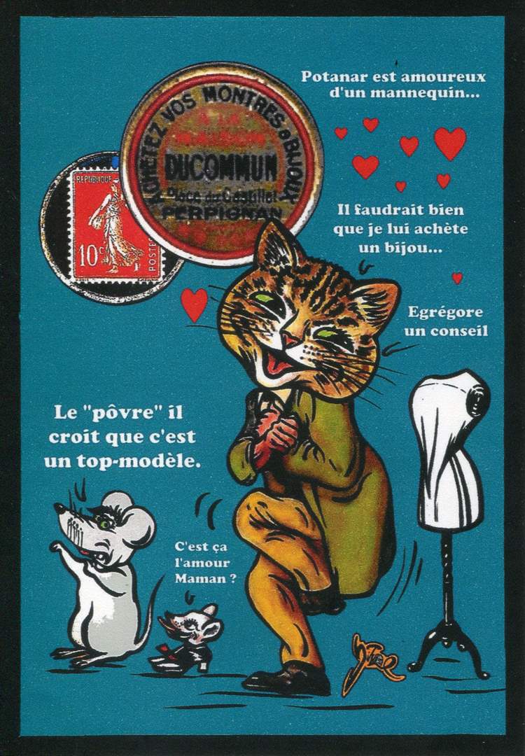 Exemple 650 de carte postale signée Jacques Lardie dit Jihel utilisant le timbre-monnaie Ducommun - Place du Castillet - Perpignan comme illustration