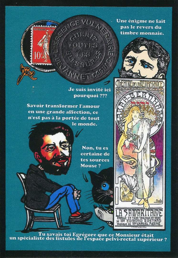Exemple 674 de carte postale signée Jacques Lardie dit Jihel utilisant le timbre-monnaie Essence Vulnéraire de Jannet comme illustration