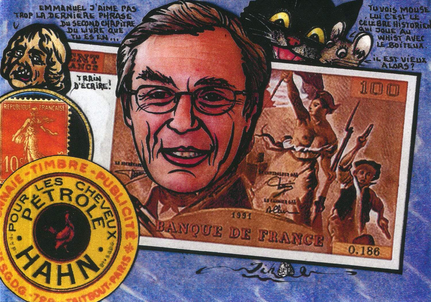 Exemple 675 de carte postale sign�e Jacques Lardie dit Jihel ou JL utilisant le timbre-monnaie P�trole Hahn comme illustration
