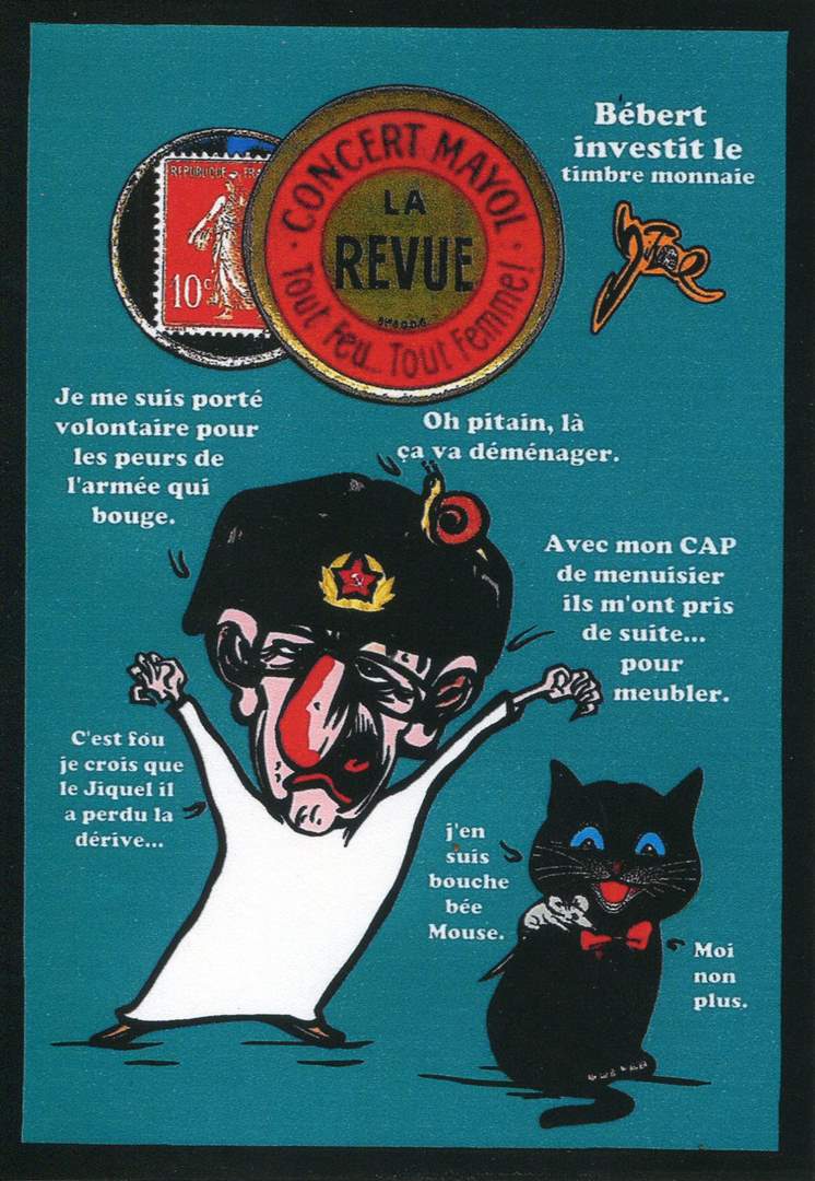 Exemple 679 de carte postale signée Jacques Lardie dit Jihel utilisant le timbre-monnaie Concert Mayol comme illustration