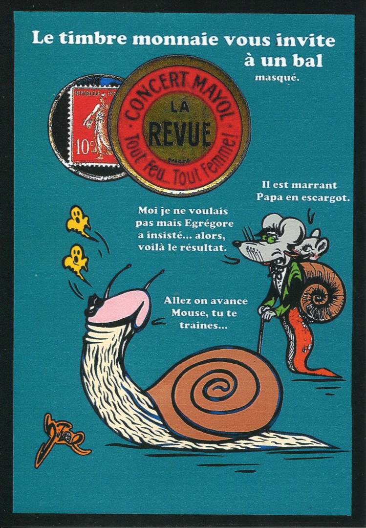 Exemple 680 de carte postale signée Jacques Lardie dit Jihel utilisant le timbre-monnaie Concert Mayol comme illustration