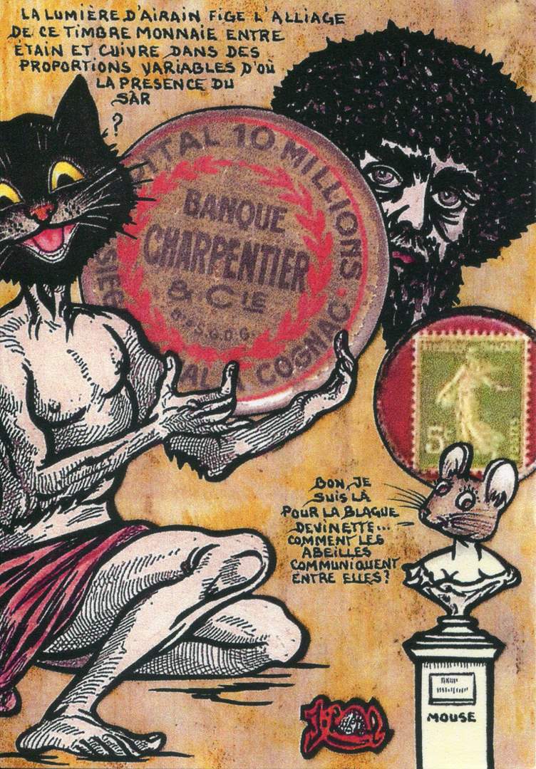 Exemple 69 de carte postale signée Jacques Lardie dit Jihel utilisant le timbre-monnaie Banque Charpentier & Cie Capital 10 millions, siège social à Cognac (Charente) comme illustration