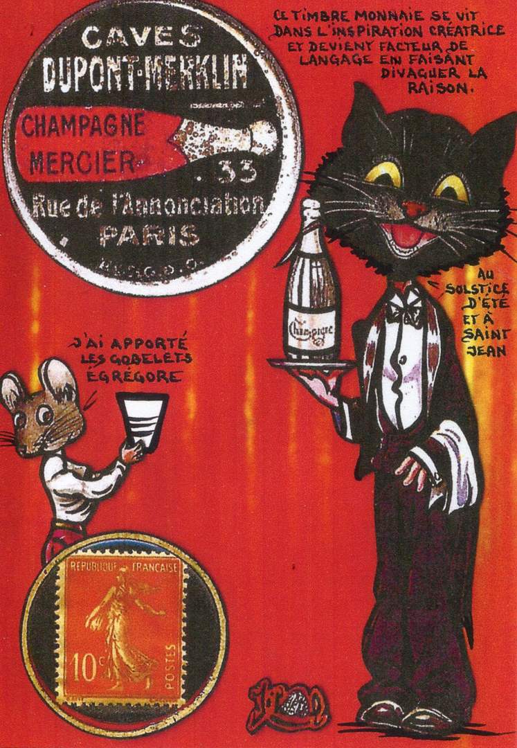 Exemple 70 de carte postale signée Jacques Lardie dit Jihel utilisant le timbre-monnaie Caves Dupont-Merklin - Champagne Mercier comme illustration