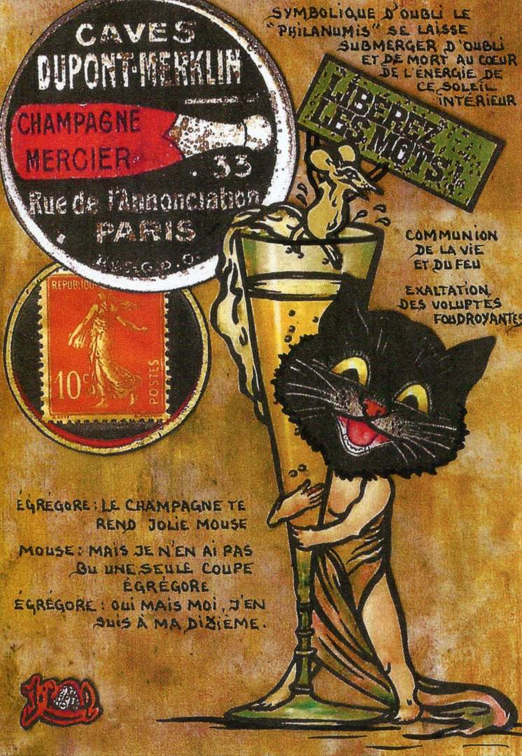 Exemple 72 de carte postale signée Jacques Lardie dit Jihel utilisant le timbre-monnaie Caves Dupont-Merklin - Champagne Mercier comme illustration
