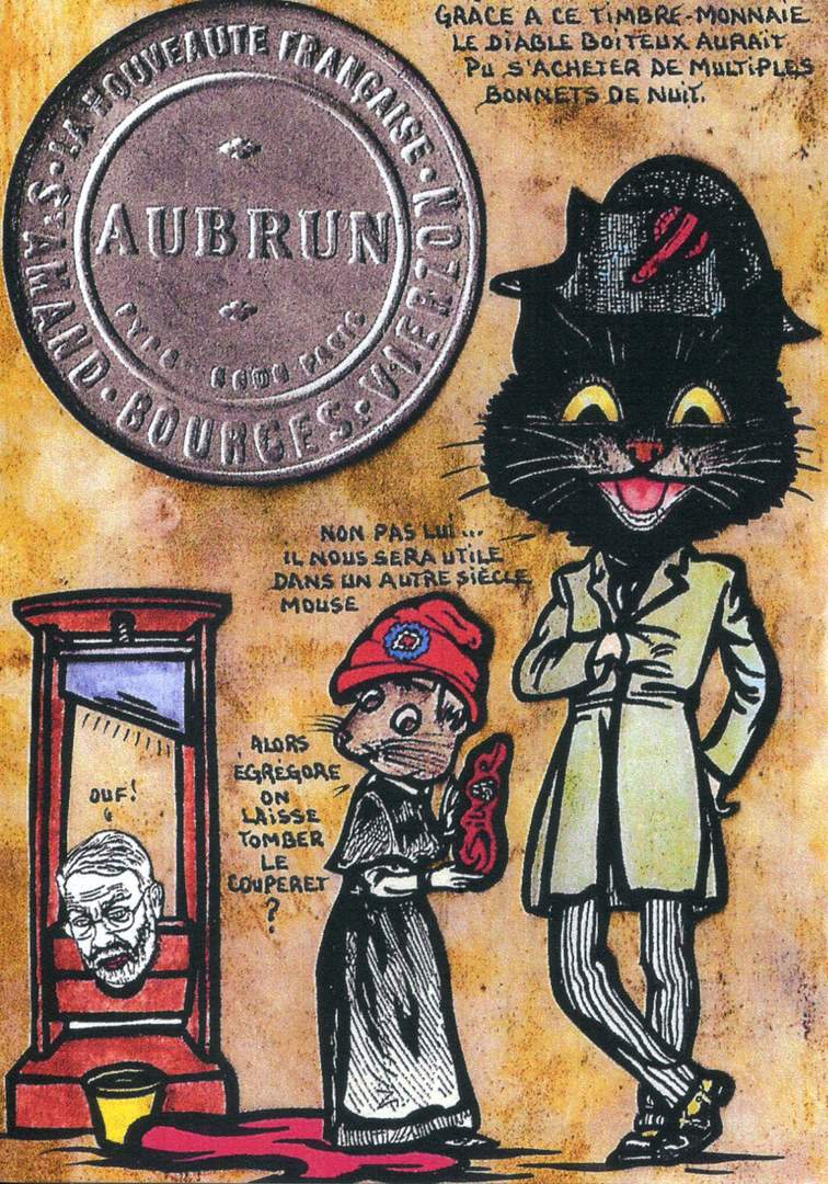 Exemple 74 de carte postale signée Jacques Lardie dit Jihel ou JL utilisant le timbre-monnaie Aubrun - La nouveauté française - St-Amand - Bourges - Vierzon comme illustration
