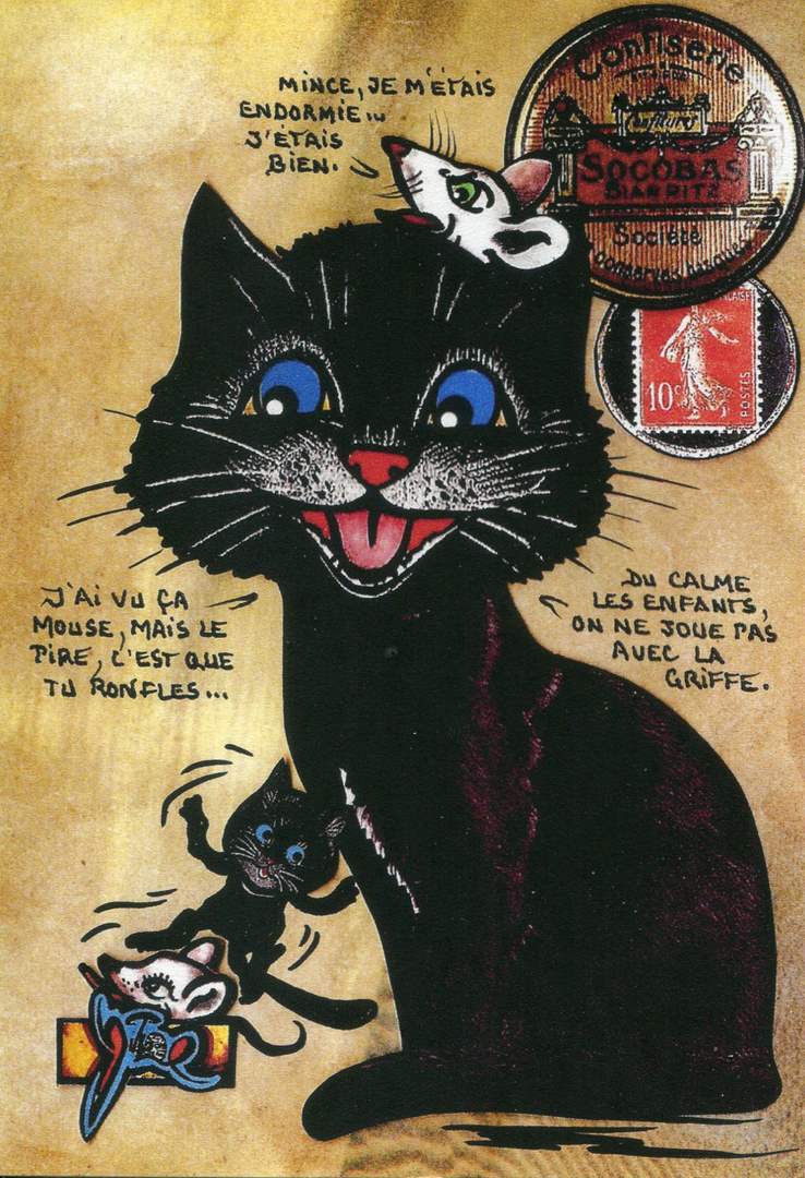 Exemple 742 de carte postale signée Jacques Lardie dit Jihel utilisant le timbre-monnaie Confiserie Socobas comme illustration