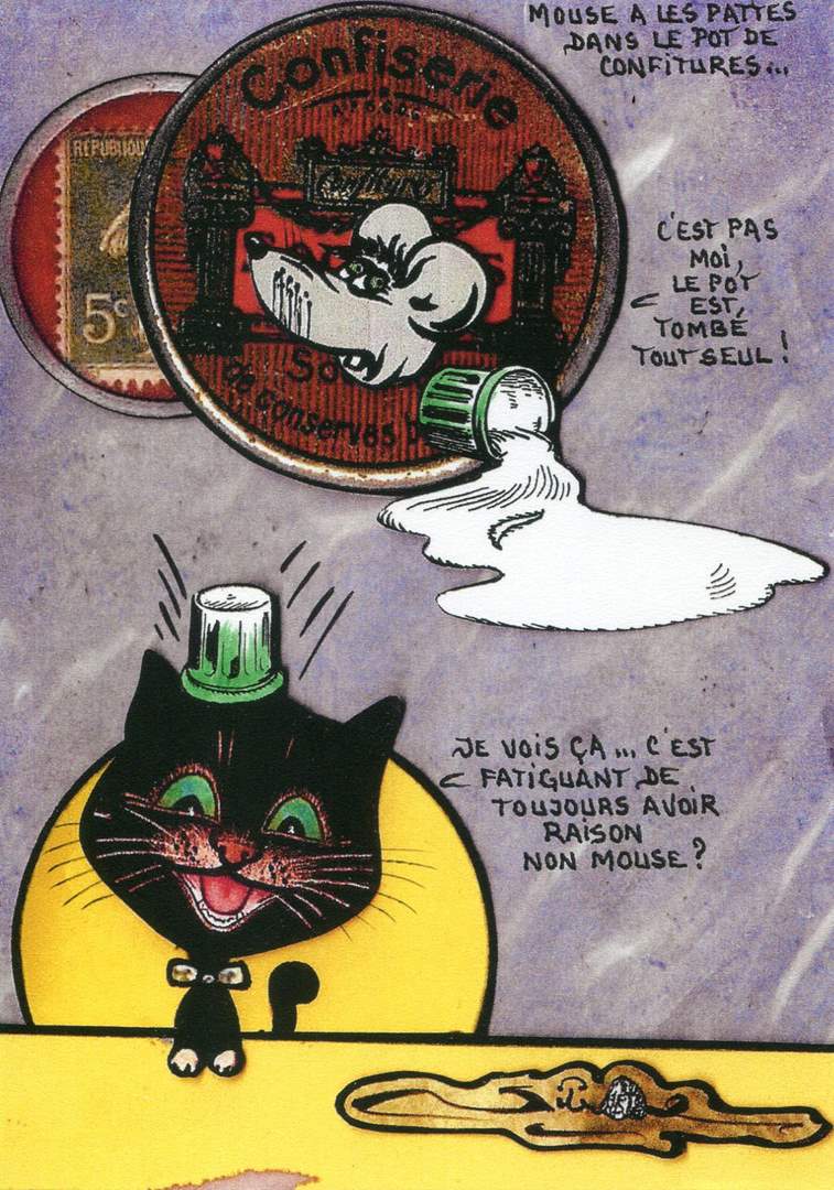 Exemple 758 de carte postale signée Jacques Lardie dit Jihel utilisant le timbre-monnaie Confiserie Socobas comme illustration