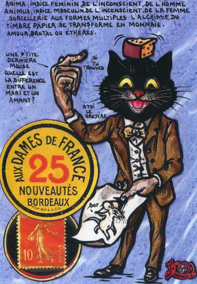 Exemple 79 de carte postale signée Jacques Lardie dit Jihel utilisant le timbre-monnaie Aux Dames de France nouveautés Bordeaux comme illustration