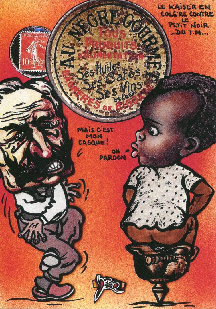 Exemple 846 de carte postale signée Jacques Lardie dit Jihel utilisant le timbre-monnaie Au Nègre Gourmet comme illustration