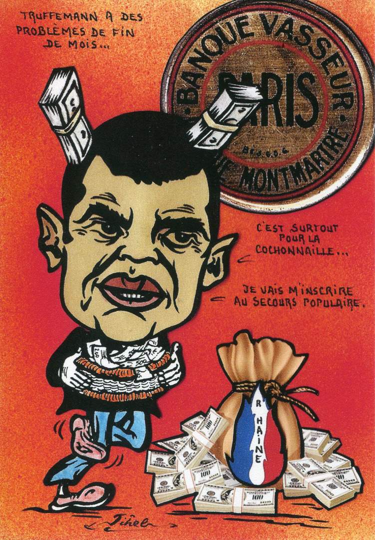 Exemple 877 de carte postale sign�e Jacques Lardie dit Jihel utilisant le timbre-monnaie Banque Vasseur - 166, Rue Montmartre - Paris comme illustration