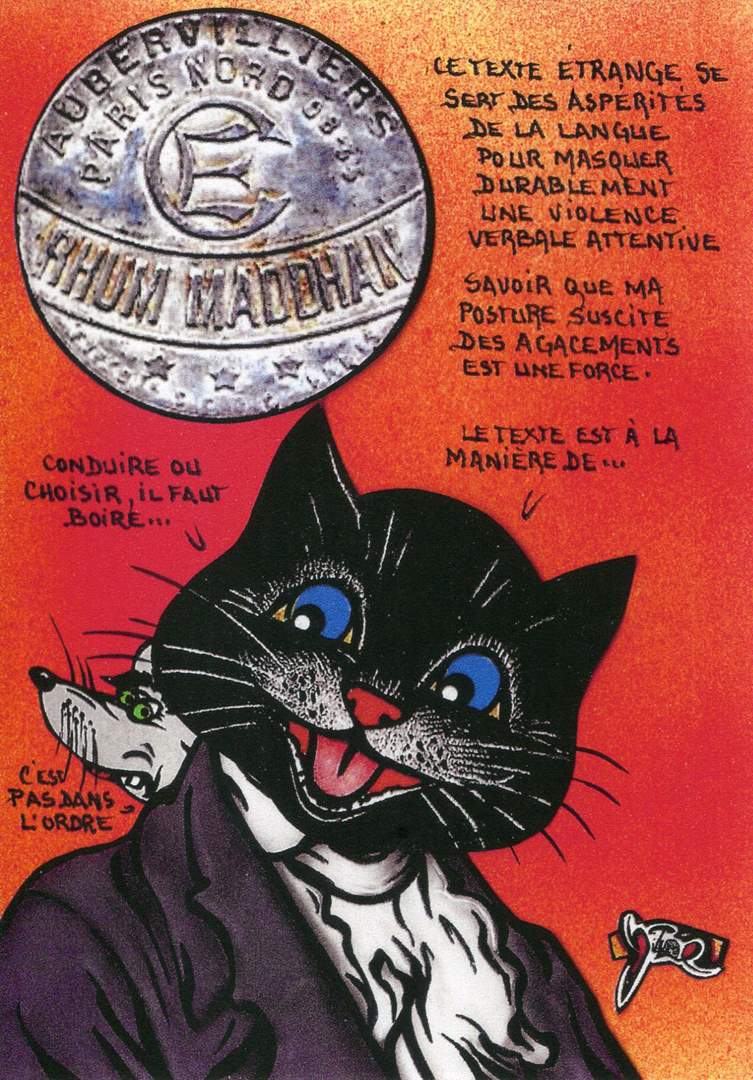 Exemple 880 de carte postale signée Jacques Lardie dit Jihel ou JL utilisant le timbre-monnaie Rhum Maddhan Aubervilliers comme illustration