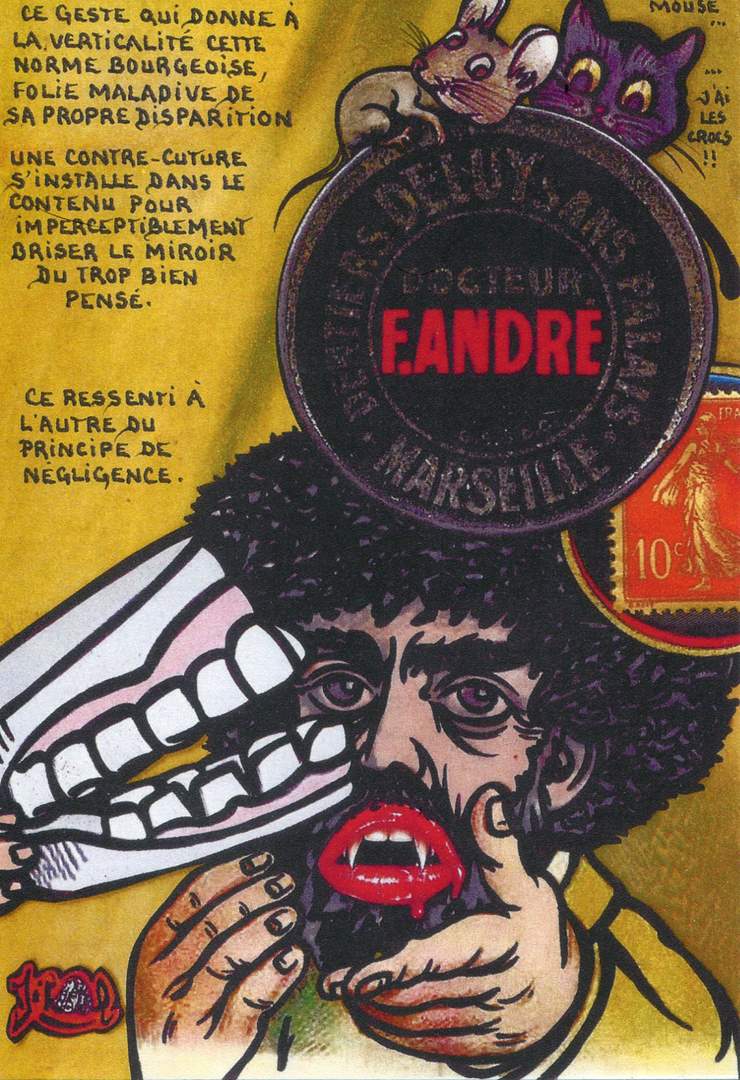 Exemple 90 de carte postale signée Jacques Lardie dit Jihel utilisant le timbre-monnaie Dentiers Deluy comme illustration