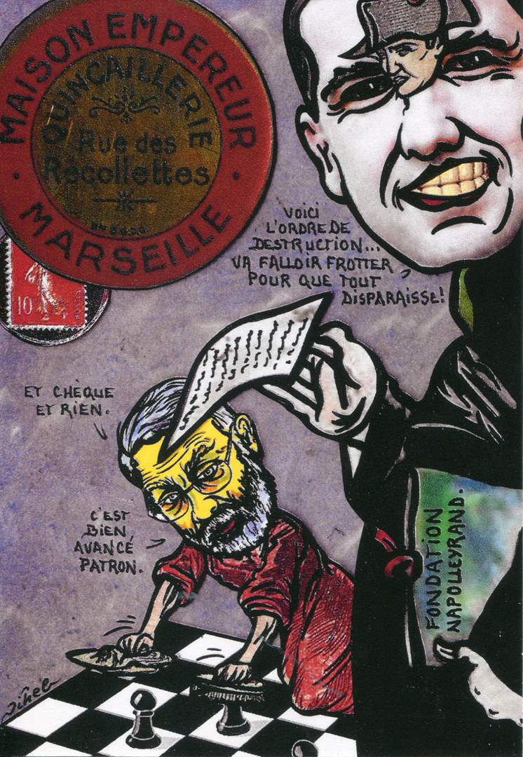 Exemple 914 de carte postale signée Jacques Lardie dit Jihel utilisant le timbre-monnaie Maison Empereur - Quincaillerie  - Rue des Récollettes - Marseille - comme illustration
