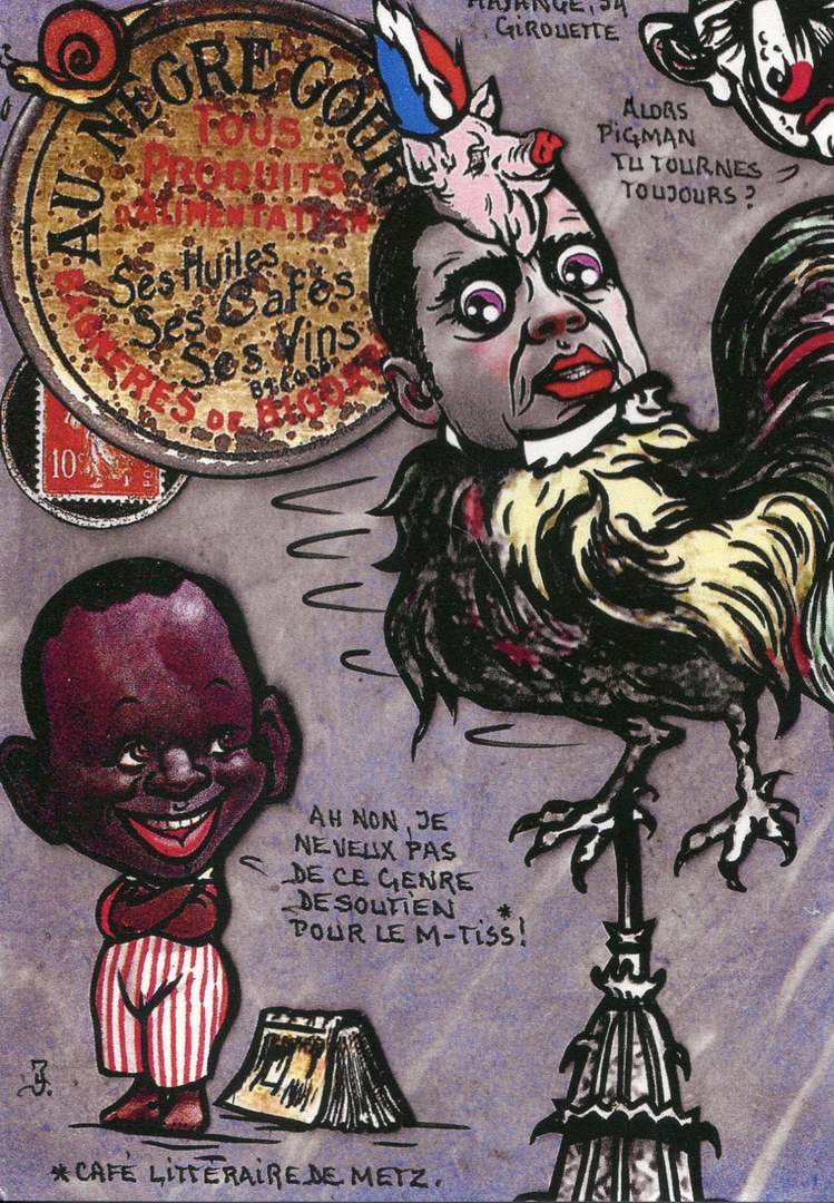Exemple 919 de carte postale signée Jacques Lardie dit Jihel utilisant le timbre-monnaie Au Nègre Gourmet comme illustration