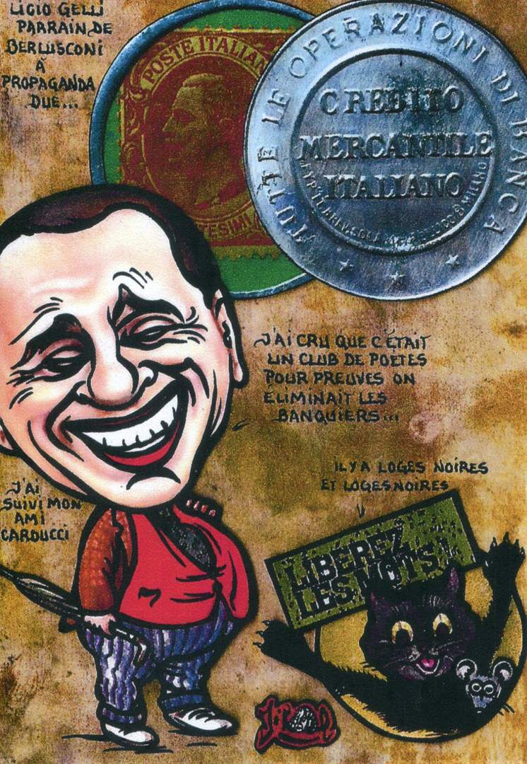 Exemple 92 de carte postale sign�e Jacques Lardie dit Jihel ou JL utilisant le timbre-monnaie Credito Mercantile Italiano comme illustration