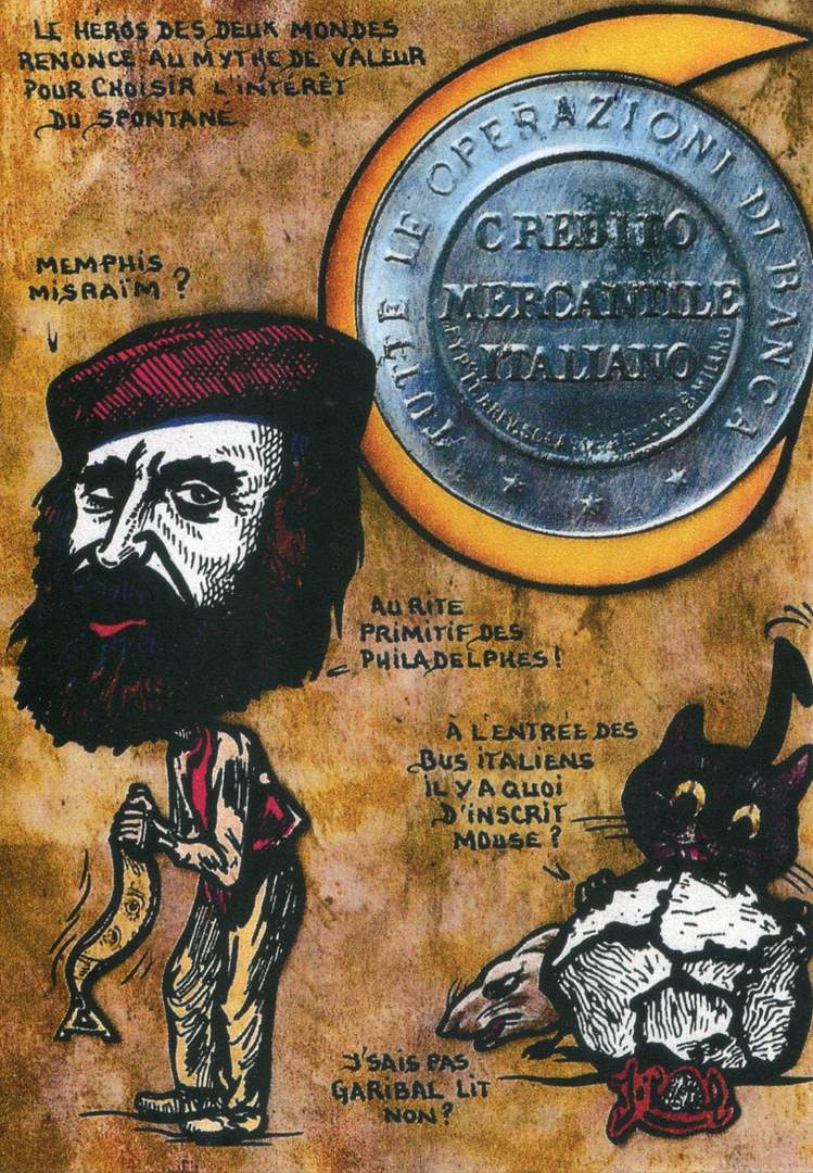 Exemple 94 de carte postale signée Jacques Lardie dit Jihel ou JL utilisant le timbre-monnaie Credito Mercantile Italiano comme illustration