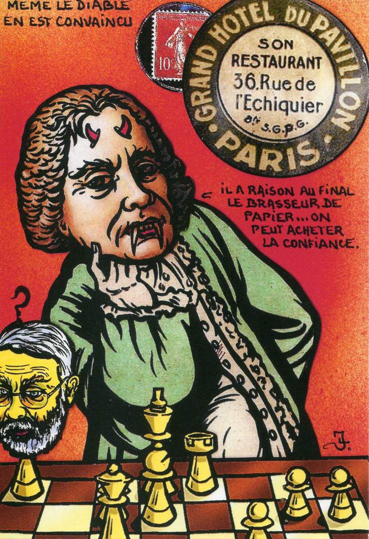 Exemple 955 de carte postale signée Jacques Lardie dit Jihel ou JL utilisant le timbre-monnaie Grand Hôtel du Pavillon comme illustration