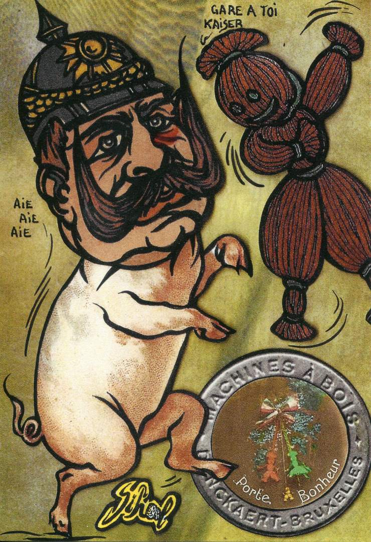 Exemple 990 de carte postale signée Jacques Lardie dit Jihel utilisant le timbre-monnaie Machines à bois H.Lefebvre comme illustration