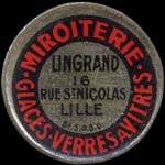 Timbre-monnaie Miroiterie Lingrand - 16 rue St-Nicolas - Lille - 5 centimes vert sur fond rouge - avers