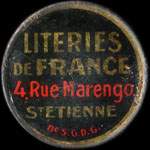 Timbre-monnaie Literies de France - 4, Rue Marengo - Saint-Etienne - 10 centimes rouge sur fond bleu-nuit