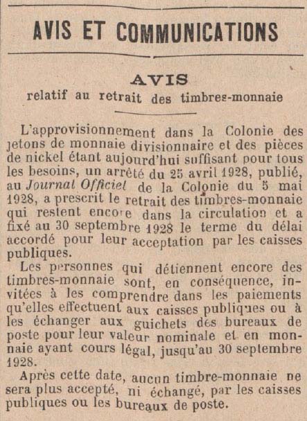 Journal Officiel de Madagascar et Dépendances - avis du 25 août 1928 mettant fin à circulation des timbres-monnaie à Madagascar