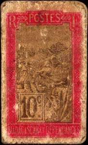 Timbre-monnaie Madagascar - motif Chien - Type 3 : montant en chiffres et en lettres - 10 centimes - revers