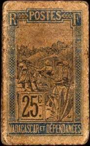 Timbre-monnaie Madagascar - motif Chien - Type 3 : montant en chiffres et en lettres - 25 centimes - revers